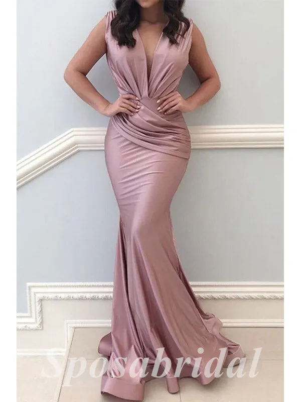 Sexy Soft Satin Spaghetti V-Neck Straps Sleeveless Mermaid Long Prom Dresses, PD3607