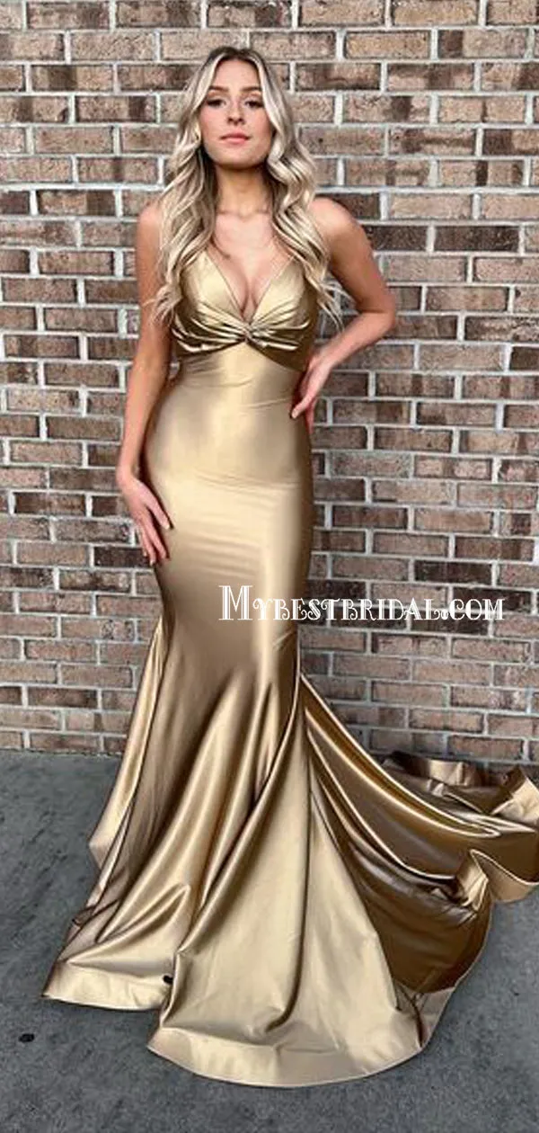 Sexy V-neck Mermaid Side Slit Gold Soft Satin Long Prom Dresses, PDS0235