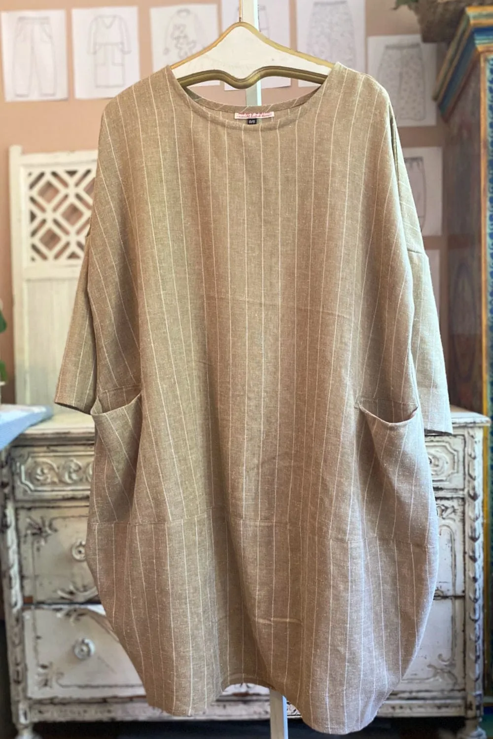 Soft Beige Pinstripe Linen Bubble Dress