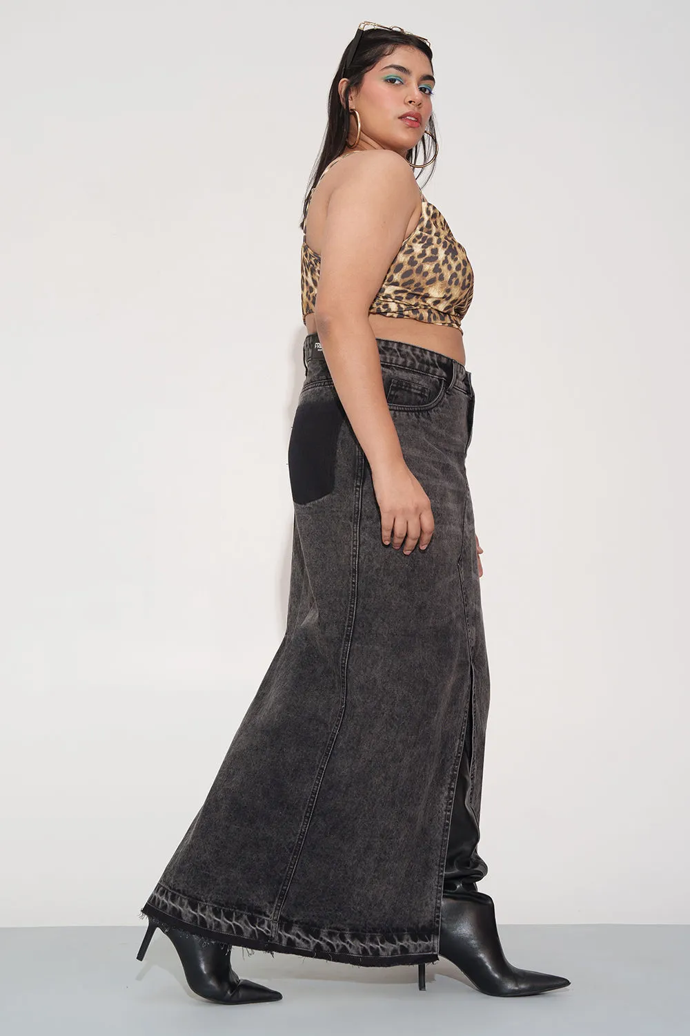 Spruce Black Curve Mid Slit Maxi Skirt