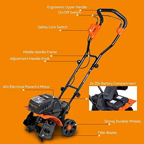 SuperHandy Tiller Cultivator Rototiller Electric Portable 40V 14" Inch Tilling Width 4 Premium Steel Adjustable Forward Rotating Tines for Garden & Lawn, Digging, Weed Removal & Soil Cultivation