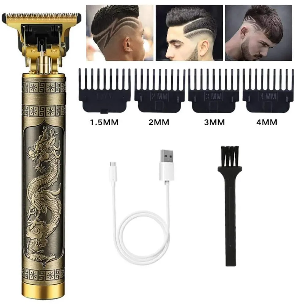 Trimmer for men and women, Buddha style T blade hair trimming zero gapped adjustable clipper, professional haircut and shave, metal body with cordless/wireless rechargeable battery (Gold)