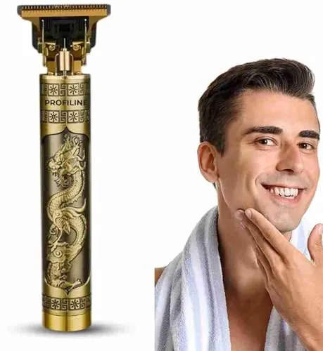 Trimmer for men and women, Buddha style T blade hair trimming zero gapped adjustable clipper, professional haircut and shave, metal body with cordless/wireless rechargeable battery (Gold)