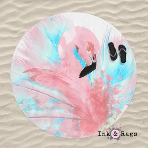 Watercolor Flamingo Round Beach Towel