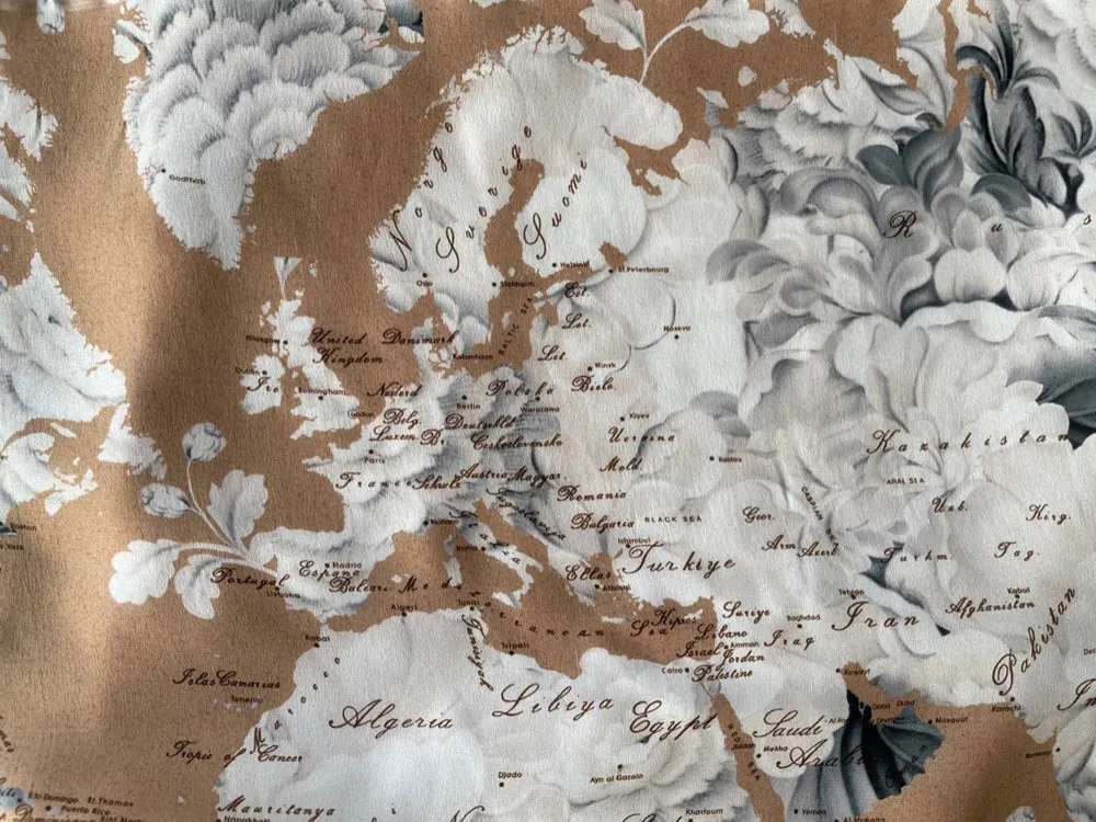 Wheat & Ivory Map Of The World Matte Silk Charmeuse (Made in Italy)