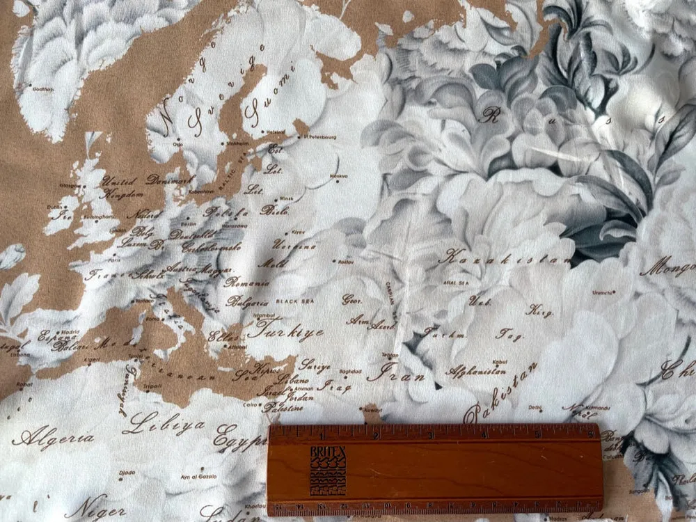 Wheat & Ivory Map Of The World Matte Silk Charmeuse (Made in Italy)